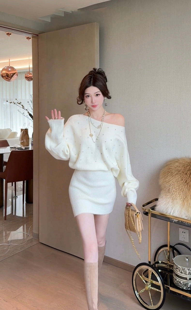 星闪流萤 复古带钻斜肩针织连衣裙 Starry Sparkle Firefly Vintage Rhinestone One-Shoulder Knit Dress