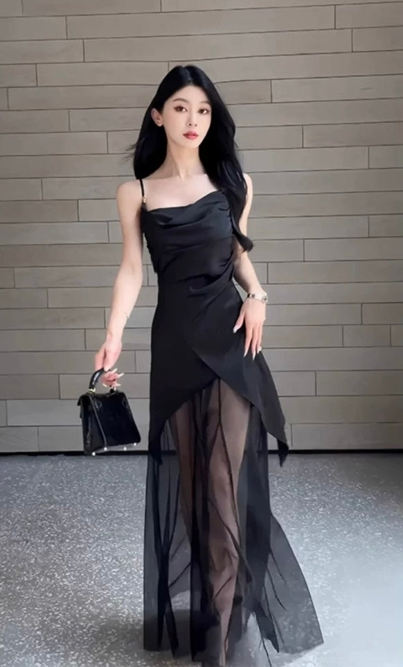 夏日来信 Summer’s Letter - Black Spaghetti Strap Mesh Panel Slim Fit Maxi Dress