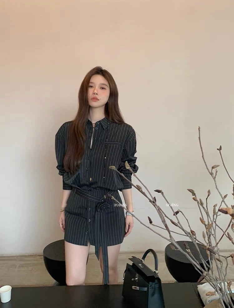 花花朵朵 条纹玫瑰花套装衬衫 Floral Striped Rose Print Set Shirt