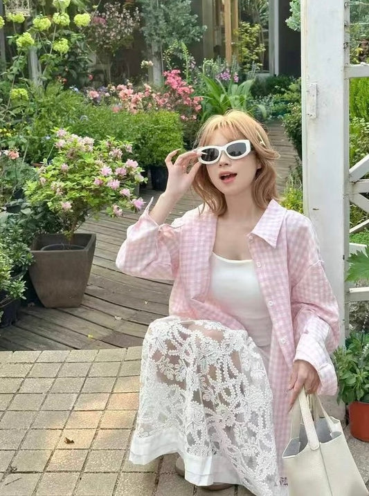 森林呼吸 蓝绿格纹POLO领衬衫Forest Feeling Checkered Sun-Shirt Blouse