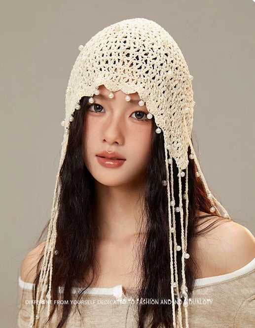 米亚的风 珍珠流苏手工钩花头饰帽子 Mia’s Breeze Handmade Crochet Floral Headpiece Hat with Pearl Tassels