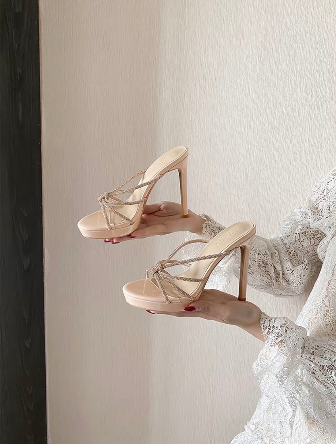 璀璨星河 12CM水钻防水台细高跟 Nude Rhinestone Stiletto Slides Platform Heels