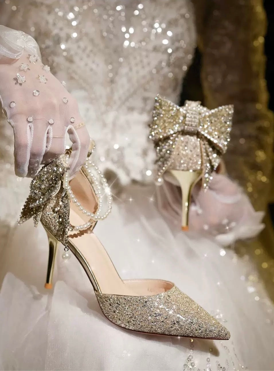 公主成年礼 亮片钻水晶蝴蝶结高跟鞋 Princess Coming-of-Age Sequin Crystal Bow High Heels