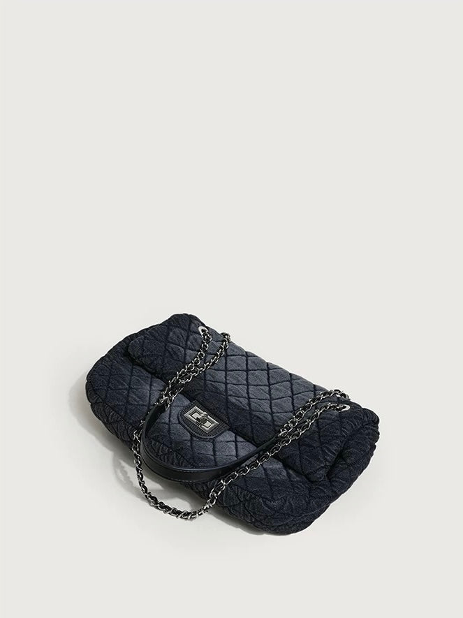 New Quilted Denim Chain Shoulder Bag for Women – Large Capacity