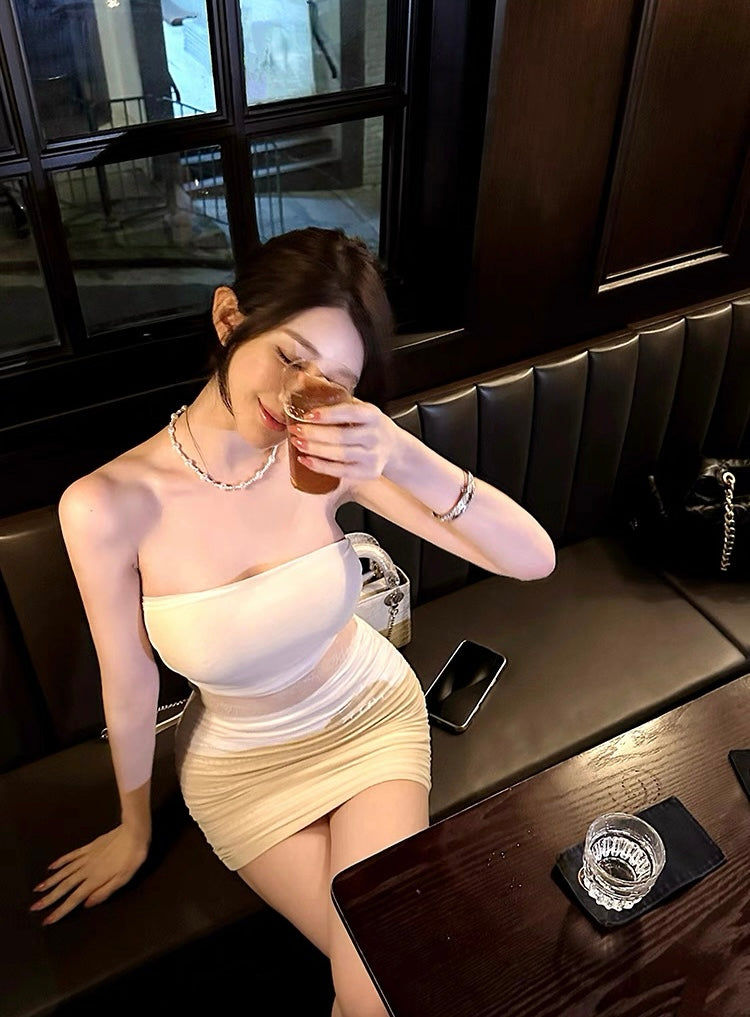 初恋白月光 褶皱镂空蕾丝包臀连衣裙  First Love White Moonlight Ruched Lace Cutout Bodycon Dress