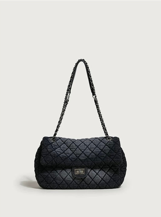 New Quilted Denim Chain Shoulder Bag for Women – Large Capacity
