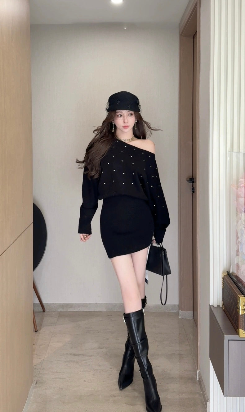 星闪流萤 复古带钻斜肩针织连衣裙 Starry Sparkle Firefly Vintage Rhinestone One-Shoulder Knit Dress