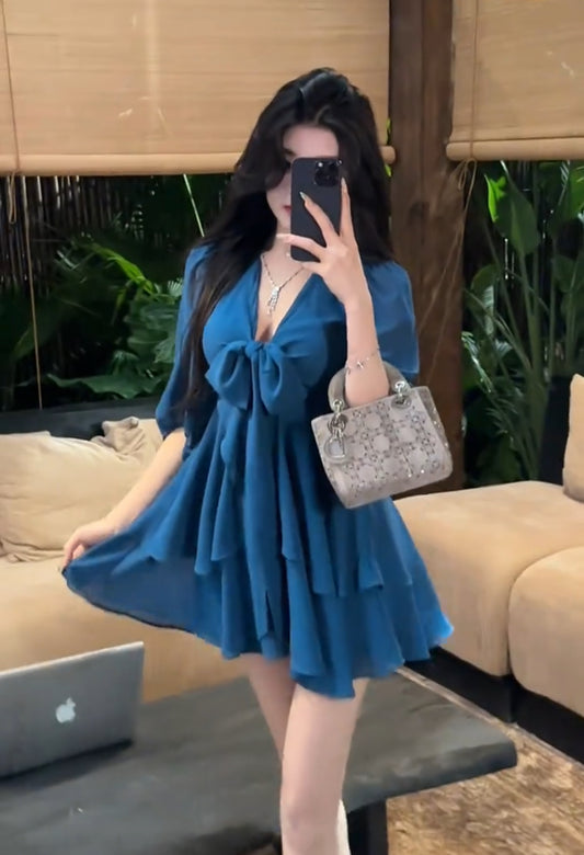 古早千金 遮肉雪纺孔雀蓝连衣裙 Vintage Princess Style V-Neck Chiffon Dress