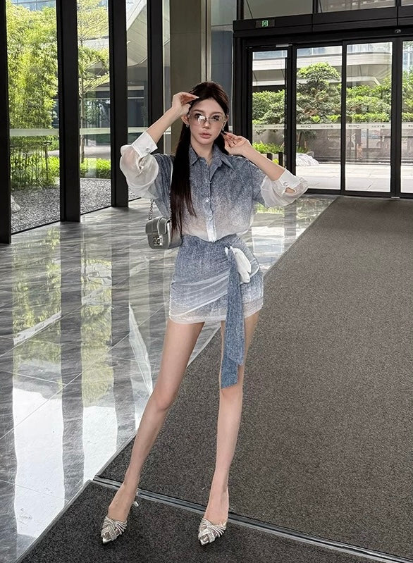 天空之境 小香渐变衬衫包臀裙套装 Sky Mirror Gradient Tweed-Style Blouse and Pencil Skirt Set