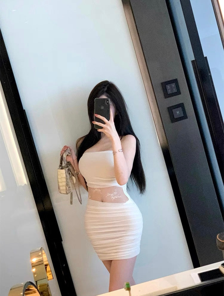 初恋白月光 褶皱镂空蕾丝包臀连衣裙  First Love White Moonlight Ruched Lace Cutout Bodycon Dress