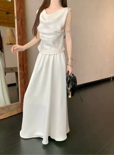 娜露可可  露肩短袖a字长裙套装 Naruko Coco off-shoulder short-sleeve A-line dress set