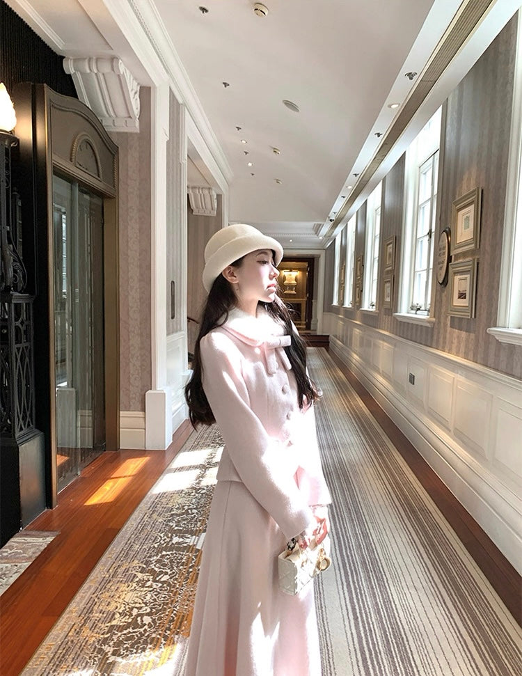 炸鸡欧尼 粉色毛呢外套高腰a字半身裙套装 Pink woolen coat and high-waisted A-line skirt set