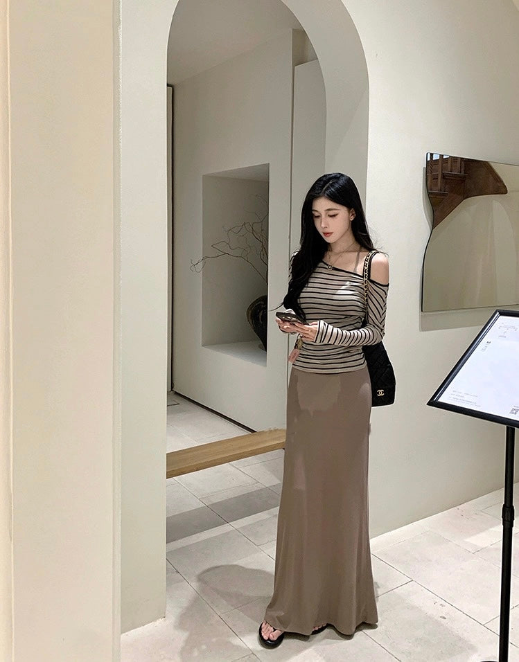 莱赛尔条纹 秋冬上衣吊带连衣裙套装 Lyocell Striped Off-Shoulder Top & Cami Dress Set