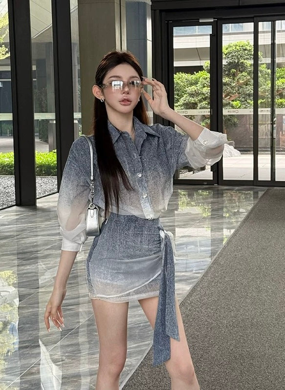 天空之境 小香渐变衬衫包臀裙套装 Sky Mirror Gradient Tweed-Style Blouse and Pencil Skirt Set