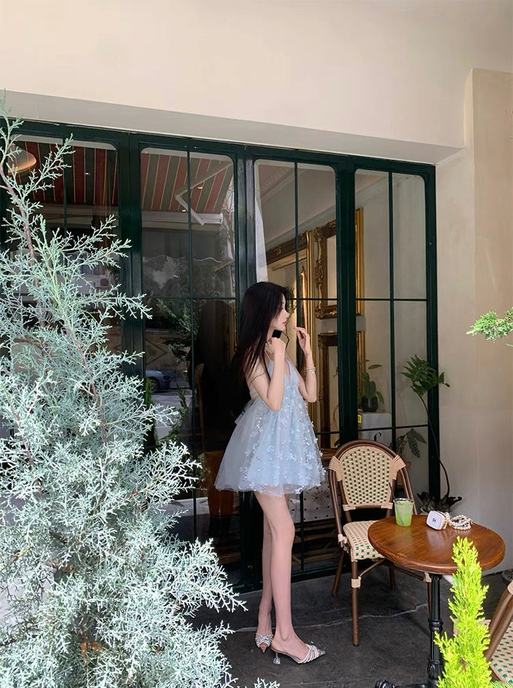 蓝色精灵 立体花朵挂脖吊带连衣裙 Blue Fairy 3D Floral Halter Neck Cami Dress