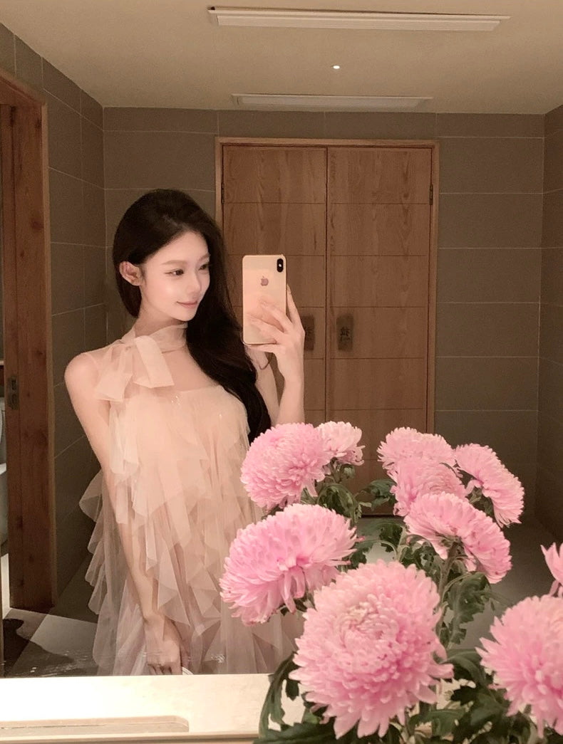 粉雾香氛 蝴蝶结不规则网纱裙 Pink Mist Fragrance Irregular Tulle Dress with Bow