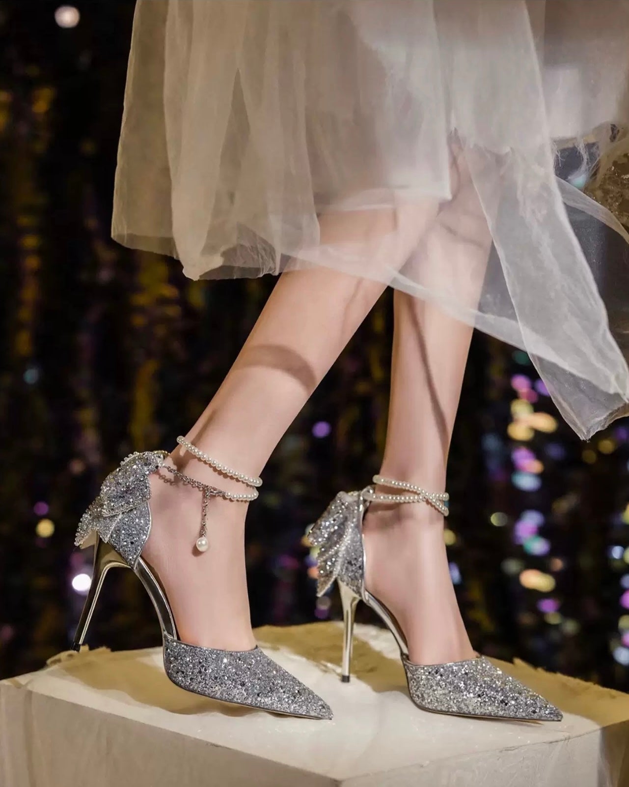 公主成年礼 亮片钻水晶蝴蝶结高跟鞋 Princess Coming-of-Age Sequin Crystal Bow High Heels