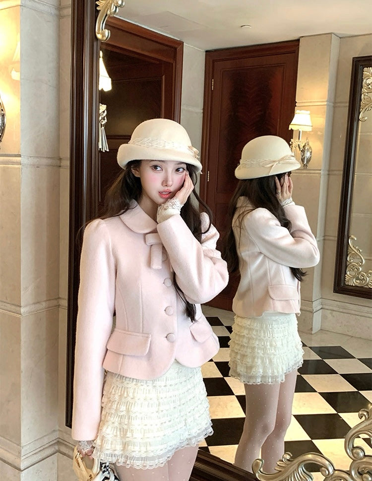 炸鸡欧尼 粉色毛呢外套高腰a字半身裙套装 Pink woolen coat and high-waisted A-line skirt set