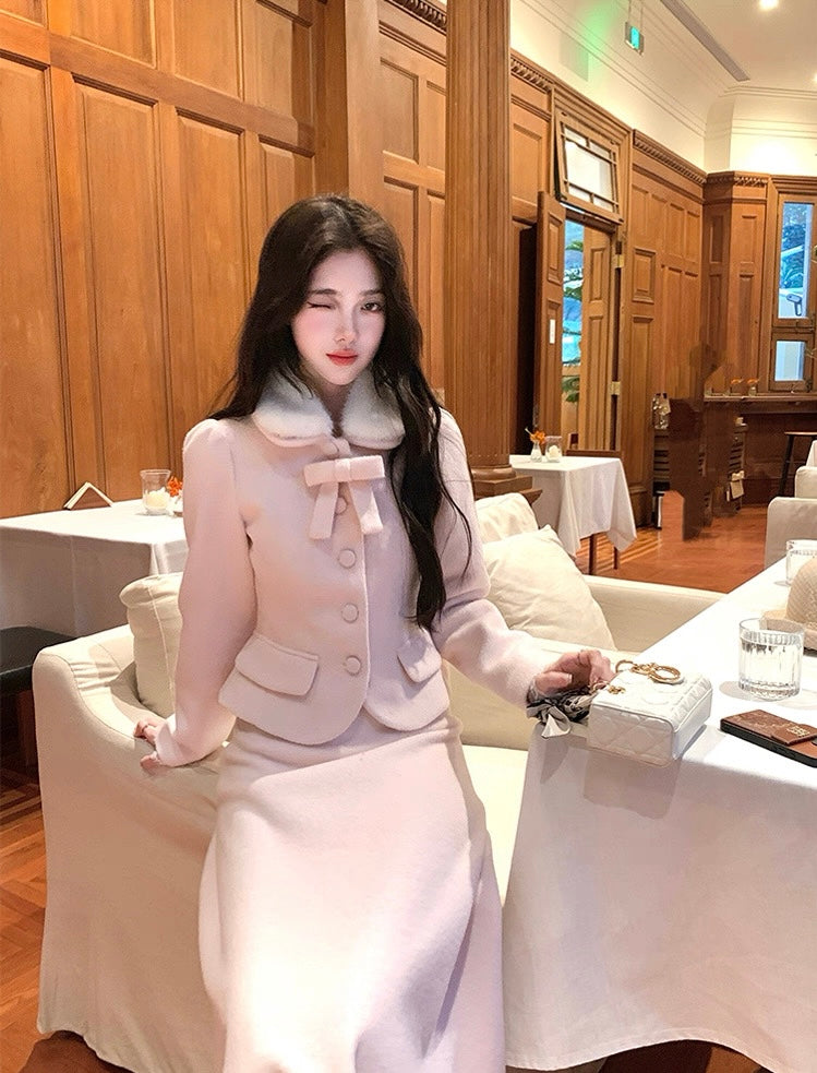 炸鸡欧尼 粉色毛呢外套高腰a字半身裙套装 Pink woolen coat and high-waisted A-line skirt set