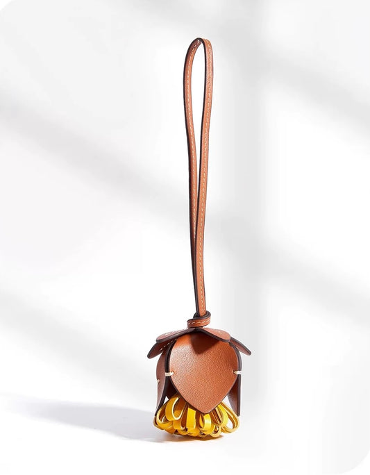 Sunflower Genuine Leather Flower Tassel Bag Charm - Brown