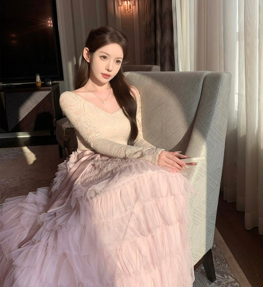 粉荔漫舞 法式蕾丝蓬松蛋糕连衣裙 Pink Lychee Waltz French Lace Puffy Tiered Dress