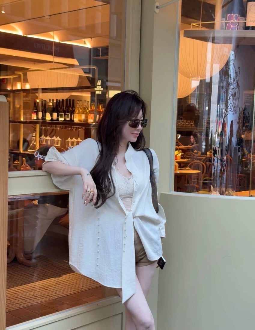 松弛老钱 立领宽松不规则长袖衬衫上衣 Relaxed Old Money Style Stand-Collar Loose Asymmetrical Long-Sleeve Shirt