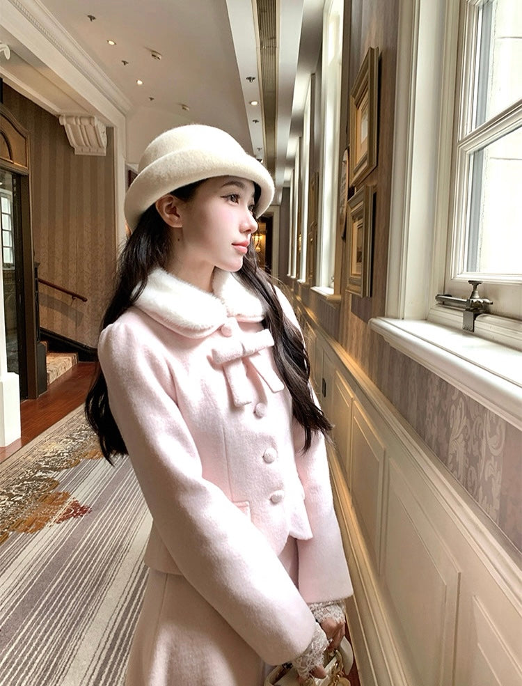 炸鸡欧尼 粉色毛呢外套高腰a字半身裙套装 Pink woolen coat and high-waisted A-line skirt set
