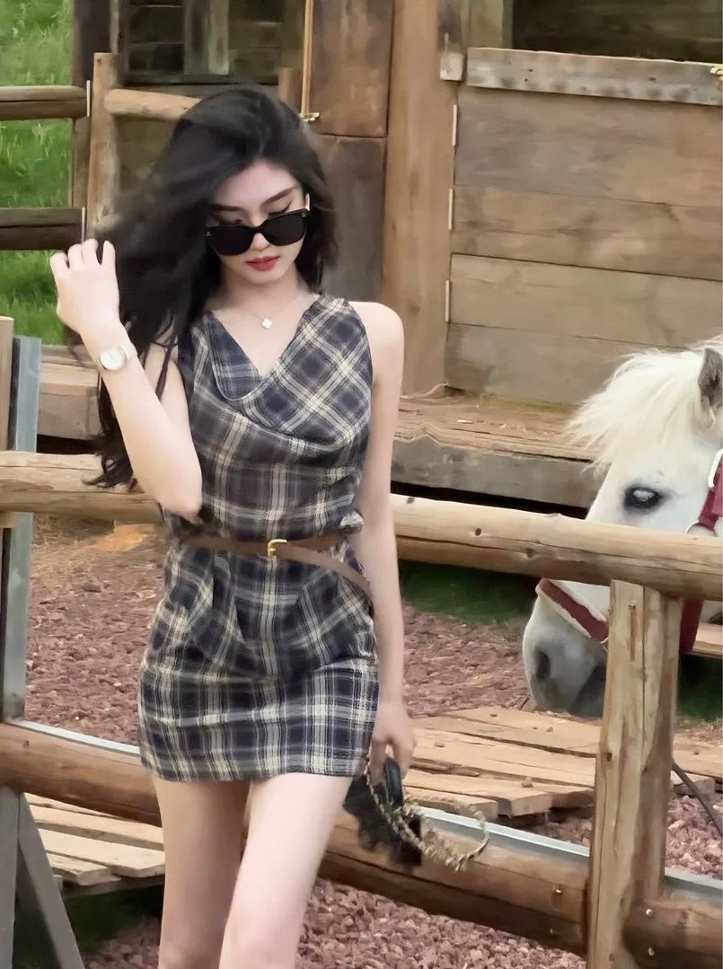 草原薇薇 复古格纹无袖送腰带套装 Prairie Vivi Vintage Plaid Sleeveless Set with Belt