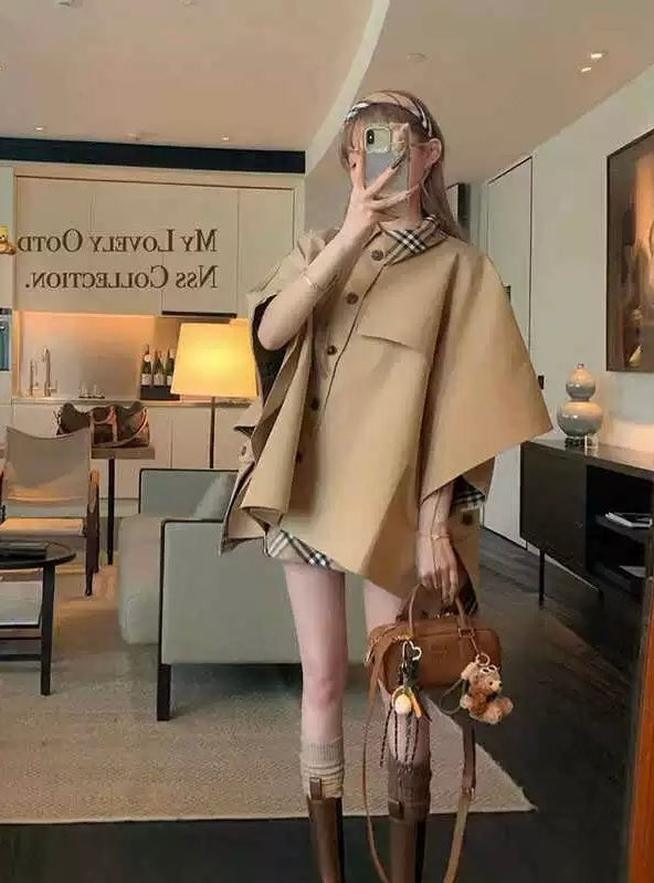 巨爱BBR 格纹秋冬斗篷风衣半裙套装 Obsessed with BBR Plaid Cape Trench Coat and Skirt Set for Fall/Winter