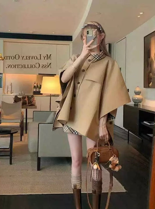 巨爱BBR 格纹秋冬斗篷风衣半裙套装 Obsessed with BBR Plaid Cape Trench Coat and Skirt Set for Fall/Winter