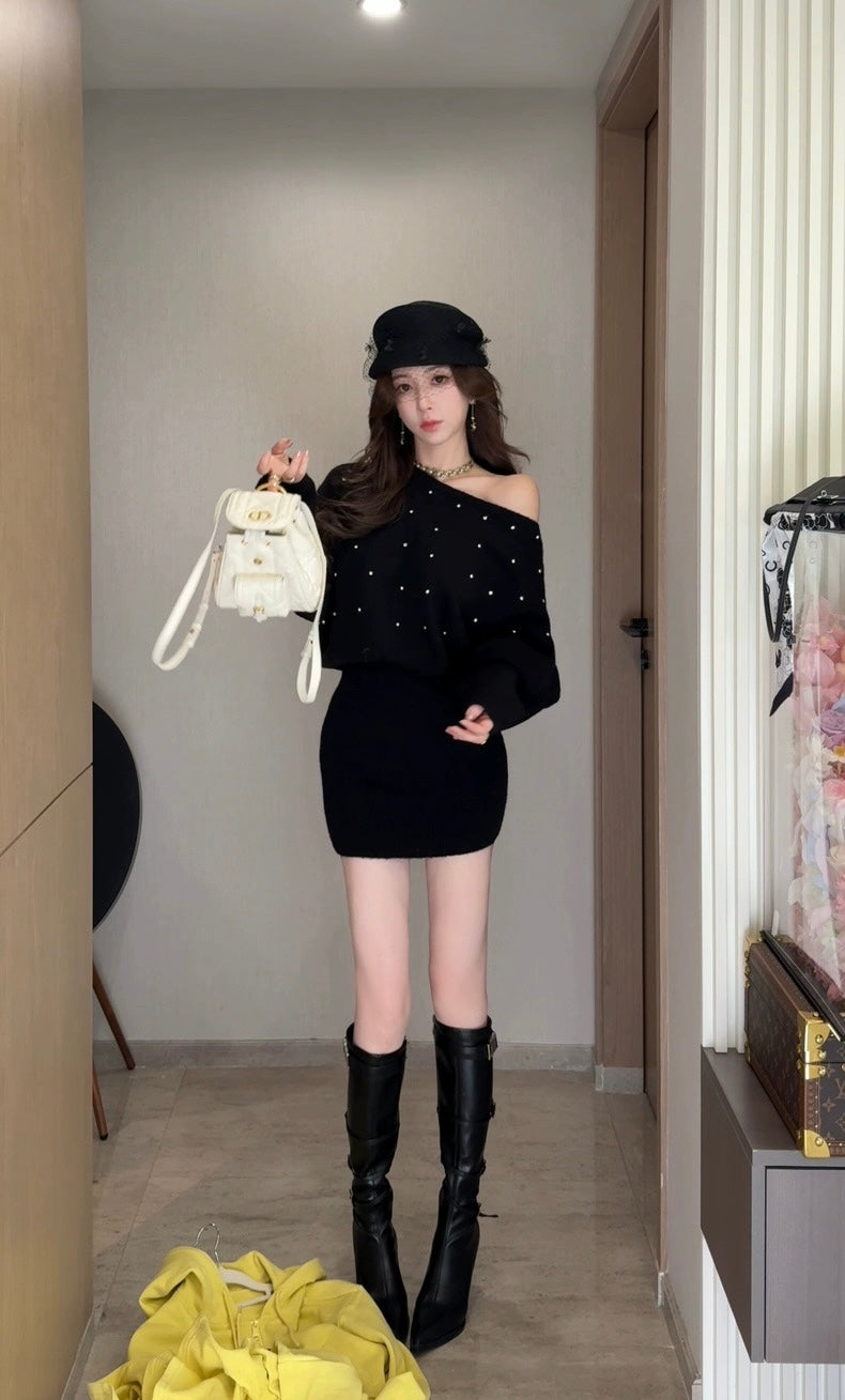 星闪流萤 复古带钻斜肩针织连衣裙 Starry Sparkle Firefly Vintage Rhinestone One-Shoulder Knit Dress