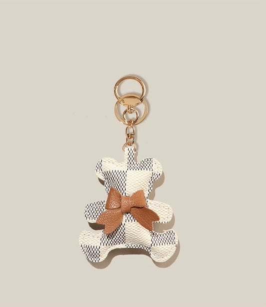 Signature Print Bow Teddy Charm - White