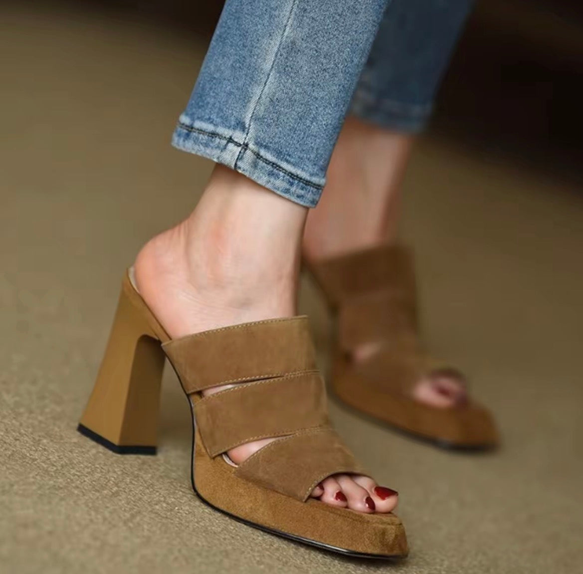 Roman Reverie Platform Block Heel Square-Toe Peep-Toe Heels
