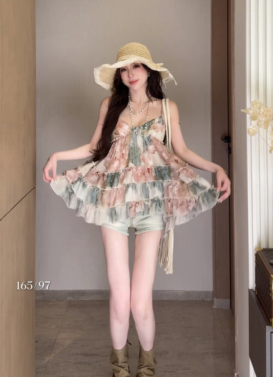 初夏花萝 复古多层蛋糕吊带上衣 Early Summer Floral Retro Layered Ruffle Camisole