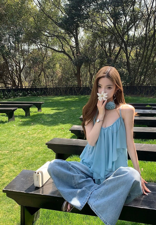 Summer度假 设计感吊带V领雪纺上衣 Chic V-Neck Chiffon Camisole Top