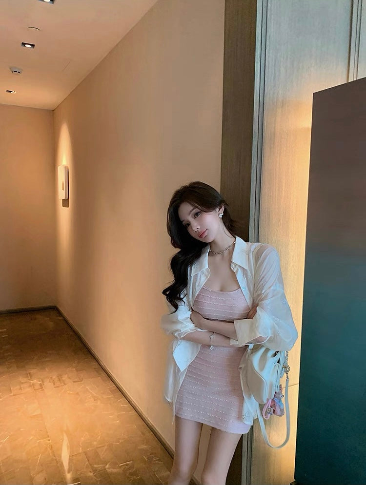 粉色太阳 肌理感收腰连衣裙 Pink Sun Textured Cinched-Waist Dress