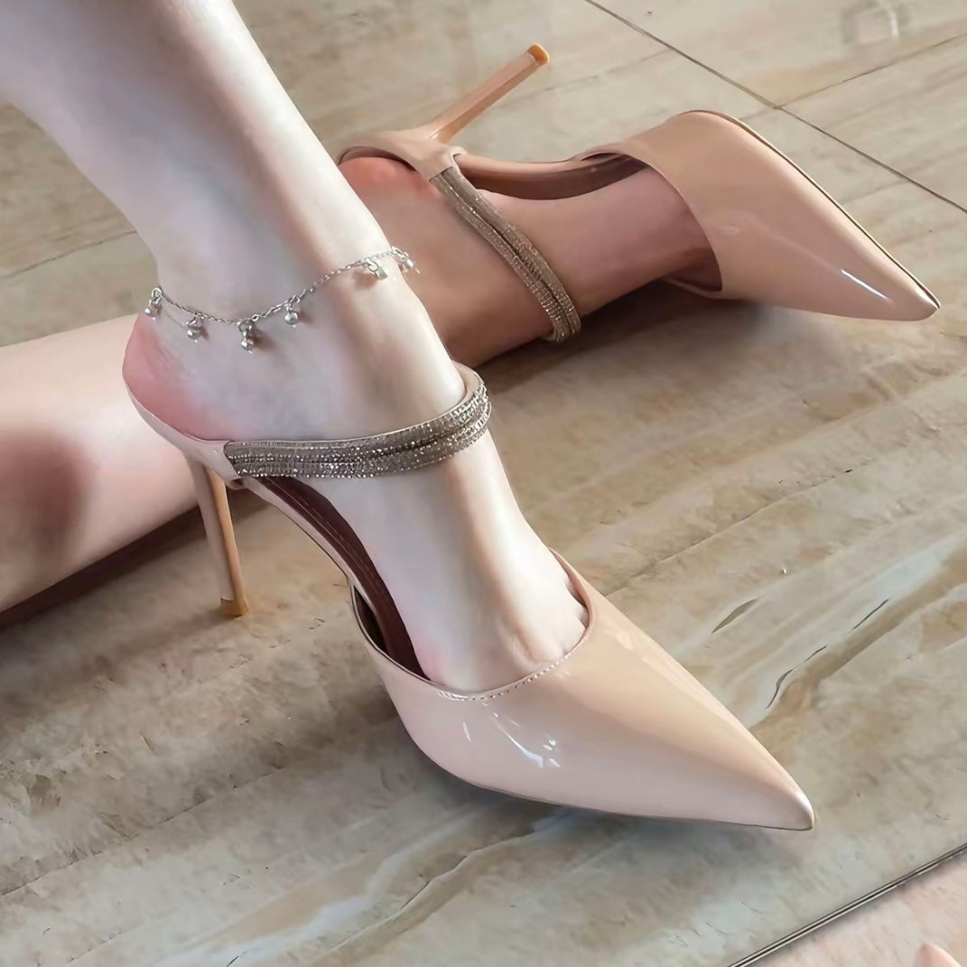 公主殿下 尖头水钻粉色两穿高跟鞋 Princess-Style Pointed Toe Rhinestone Pink Two-Way Heels