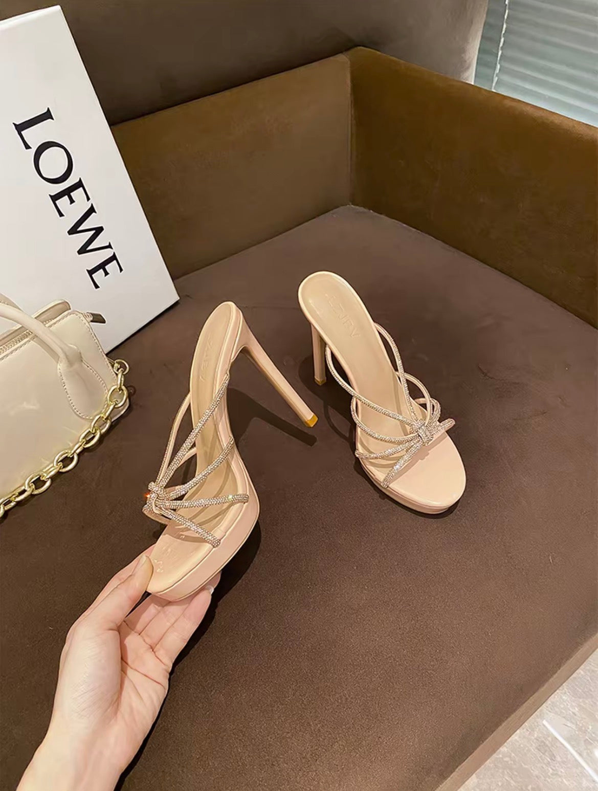 璀璨星河 12CM水钻防水台细高跟 Nude Rhinestone Stiletto Slides Platform Heels