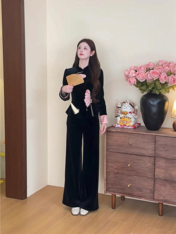 花信驿 新中式贴布绣丝绒套装The Flower Post | Appliqué Embroidered Velvet Oriental Suit