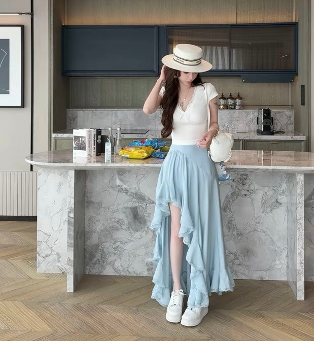 耳语轻绕 时尚木耳蕾丝花边半身裙套装Whisper-Inspired Irregular Ruffle Lace Trim Set