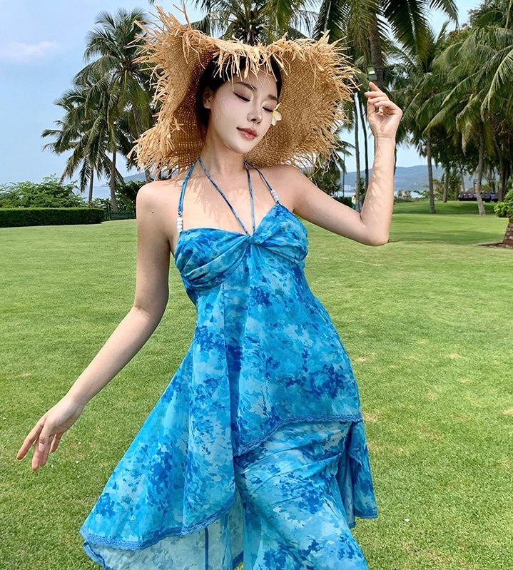 蓝调假日 挂脖吊带鱼尾连衣裙 Elegant Blue Holiday Halter Mermaid Dress