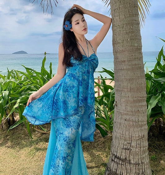 蓝调假日 挂脖吊带鱼尾连衣裙 Elegant Blue Holiday Halter Mermaid Dress