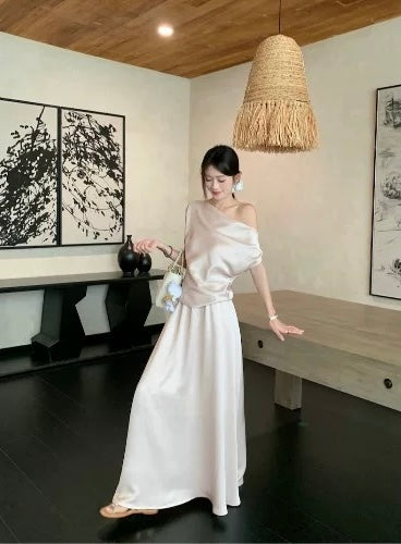 娜露可可  露肩短袖a字长裙套装 Naruko Coco off-shoulder short-sleeve A-line dress set
