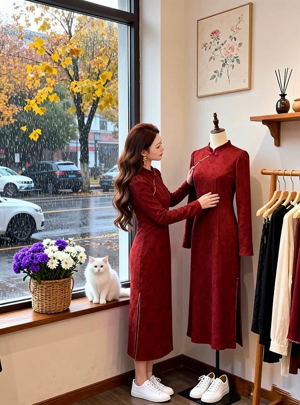 放马川 新中式撞色旗袍外套套装 Wild Rose & River | Contrast Trim New Chinese Jacket & Cheongsam Set