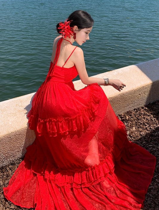 里维埃拉玫瑰 红色吊带大摆裙度假旅游裙 French Riviera Rose Flowy Scarlet Maxi Resort Dress