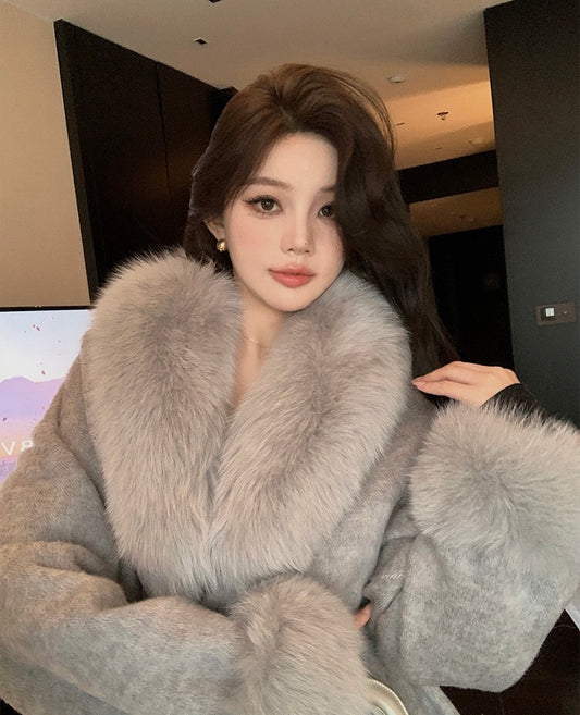 月影恋人 灰色双面呢羊绒狐狸毛皮草外套 Moon Shadow Lover Grey Reversible Wool-Cashmere Coat with Fox Fur Trim