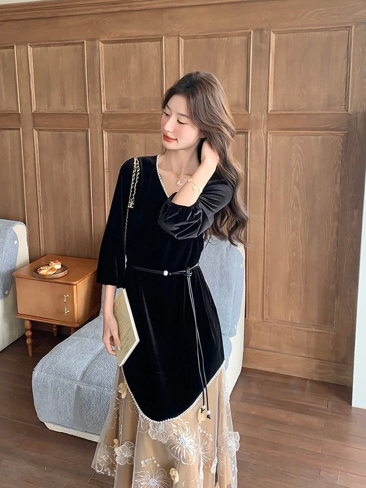 法式奢影 French Silhouette Heavy Embroidery Lace & Velvet Patchwork Maxi Dress