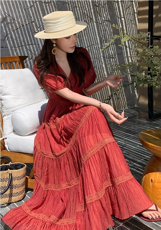 酒红序曲 Vintage Burgundy Layered Ruffle Tiered Maxi Skirt