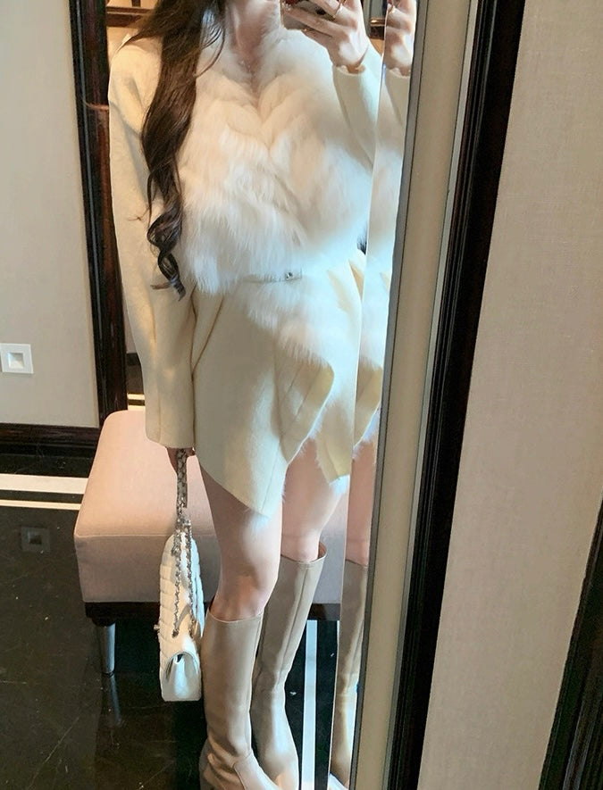 娇宠贵女 长款狐狸毛领收腰针织女外套 Pampered Noble Lady Long Knitted Coat with Fox Fur Collar and Waist Cinching