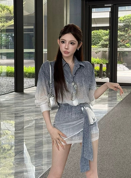 天空之境 小香渐变衬衫包臀裙套装 Sky Mirror Gradient Tweed-Style Blouse and Pencil Skirt Set